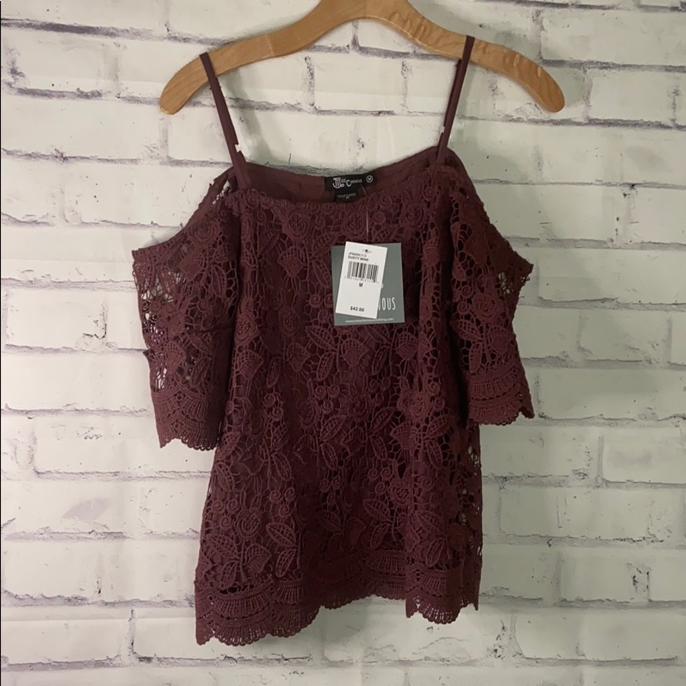 Dusty wine lace off the shoulder blouse
